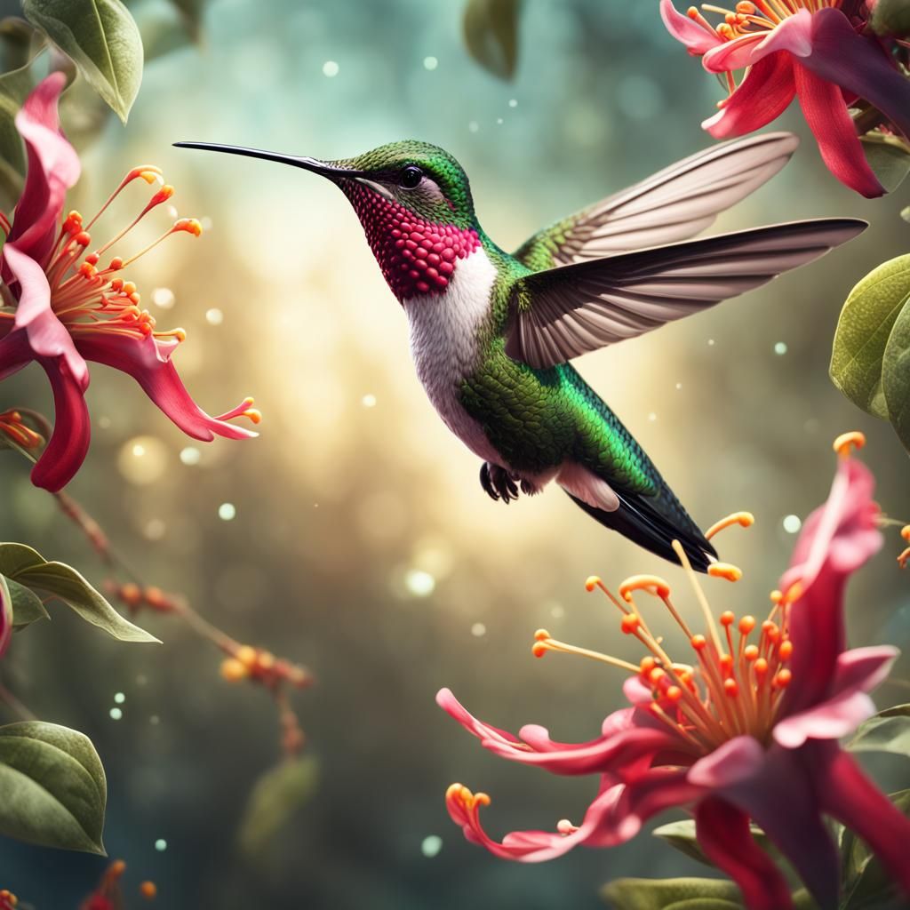 Hummingbird Feeds on Honeysuckle, Detailed Matte Painting