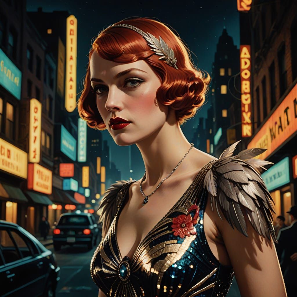 Flapper Rides Dragon in Cyberpunk City