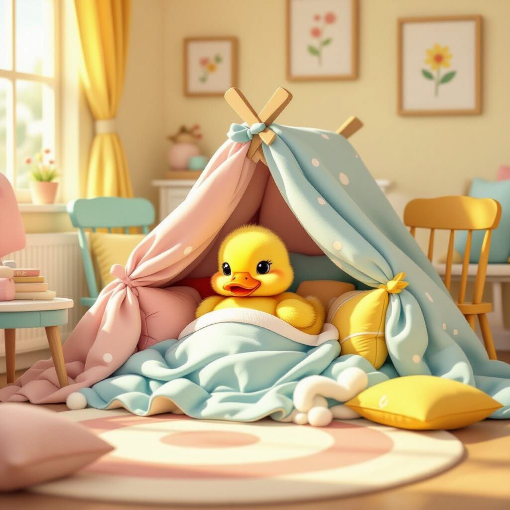 Duckling's Cozy Blanket Fort in Cartoon Style