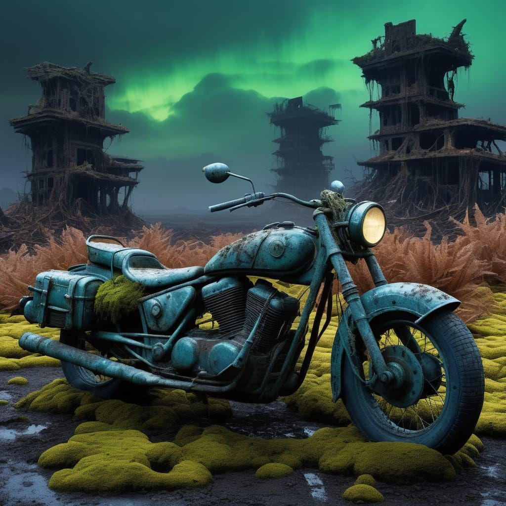 Bioluminescent Motorcycle in Post-Apocalyptic Cityscape