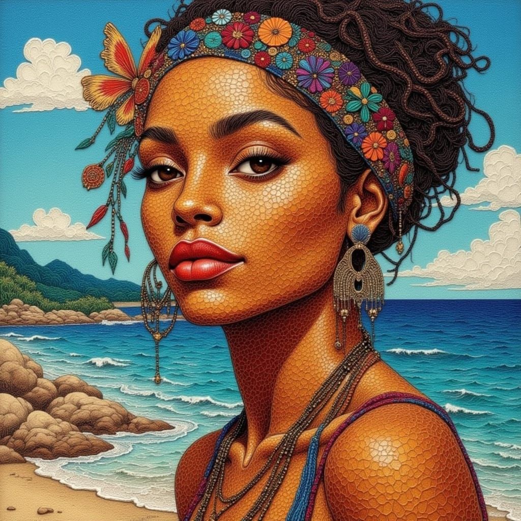 A tan skinned indigenous woman by the sea. Extraordinary intricate details Fine line String Art tapestry 3D textured oil...