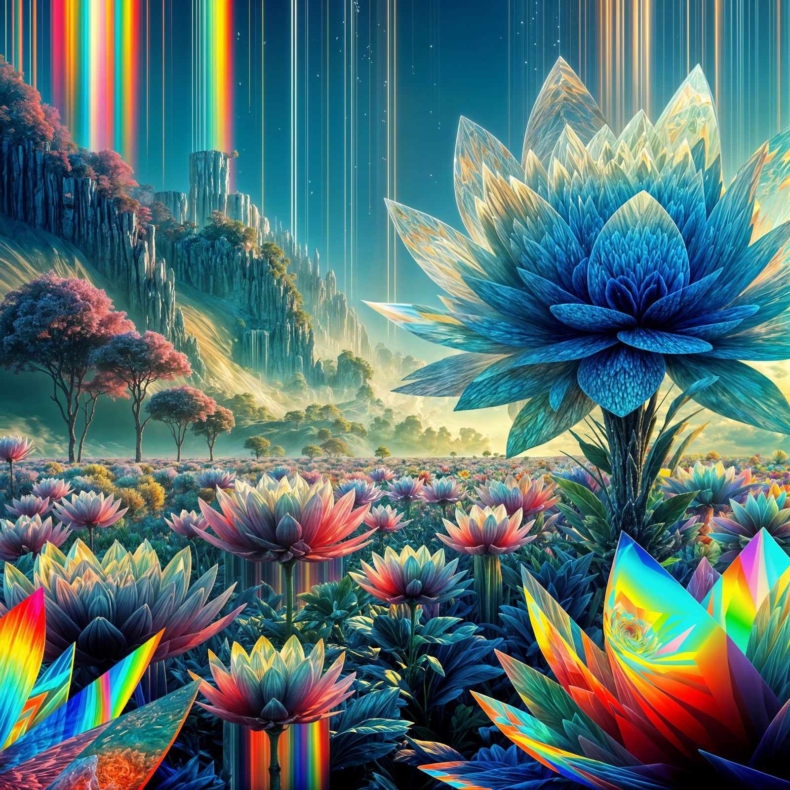 Ethereal Glitch Art Landscape with Crystal Flowers