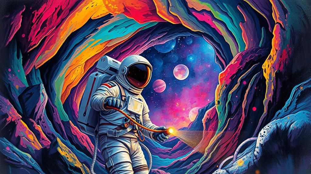 Astronaut in Alien Cave with Graffiti Art
