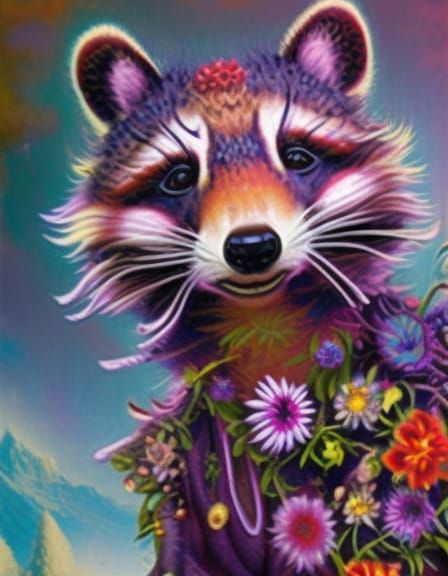 Psychedelic Raccoon Portrait with Flowers