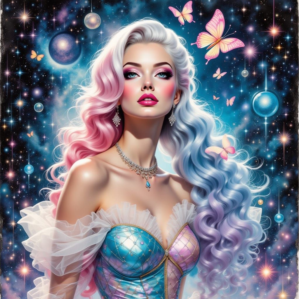 Ethereal Woman with Opal Waves and Starry Butterflies