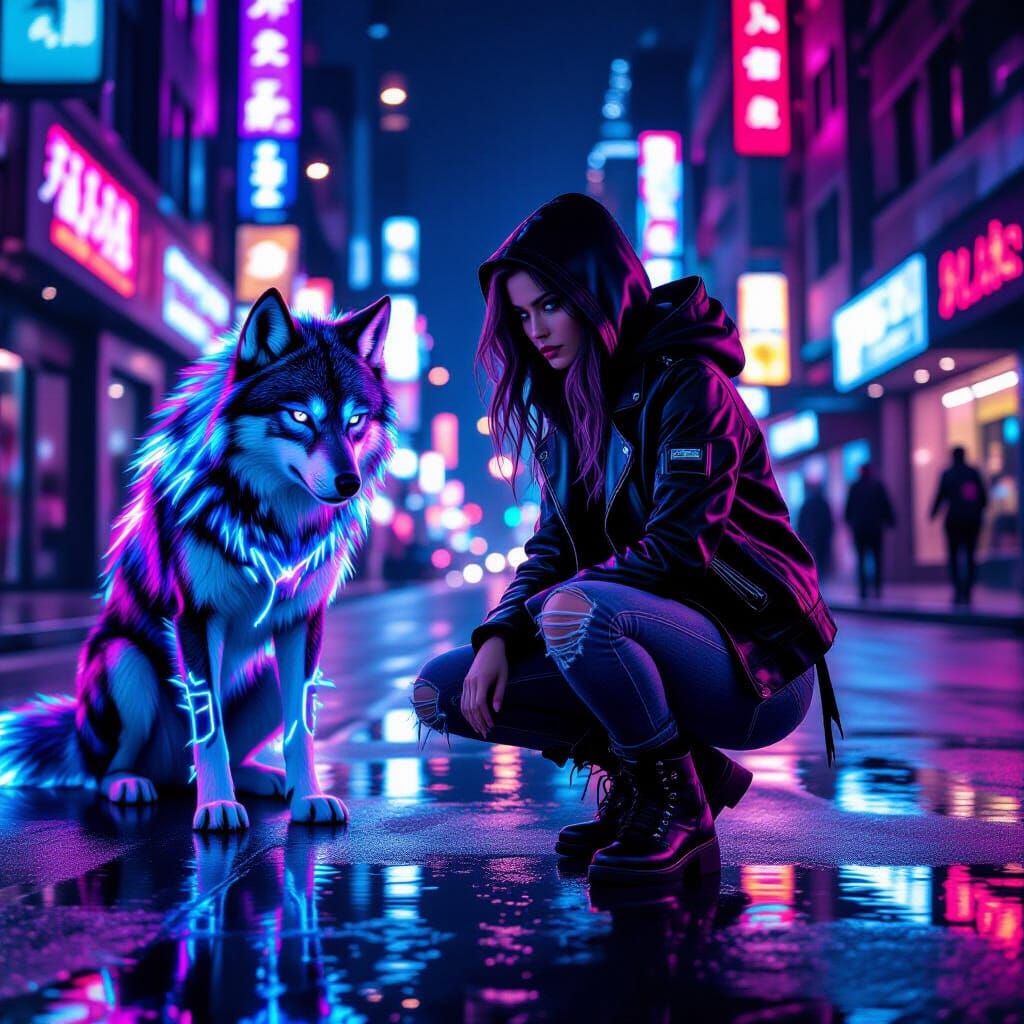 Cyberpunk Girl with Holographic Hair and Cyber-Wolf