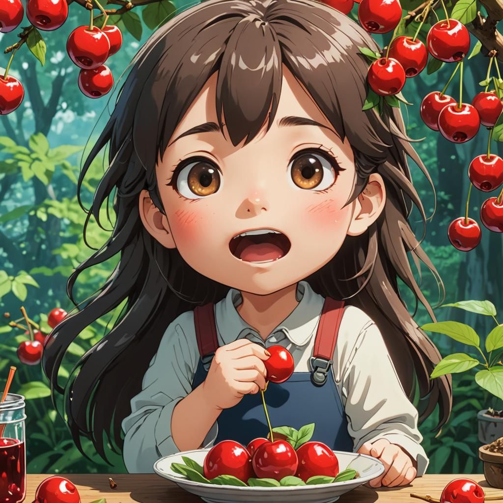 Chibi Girl Eating Cherry, Ghibli-Style Anime