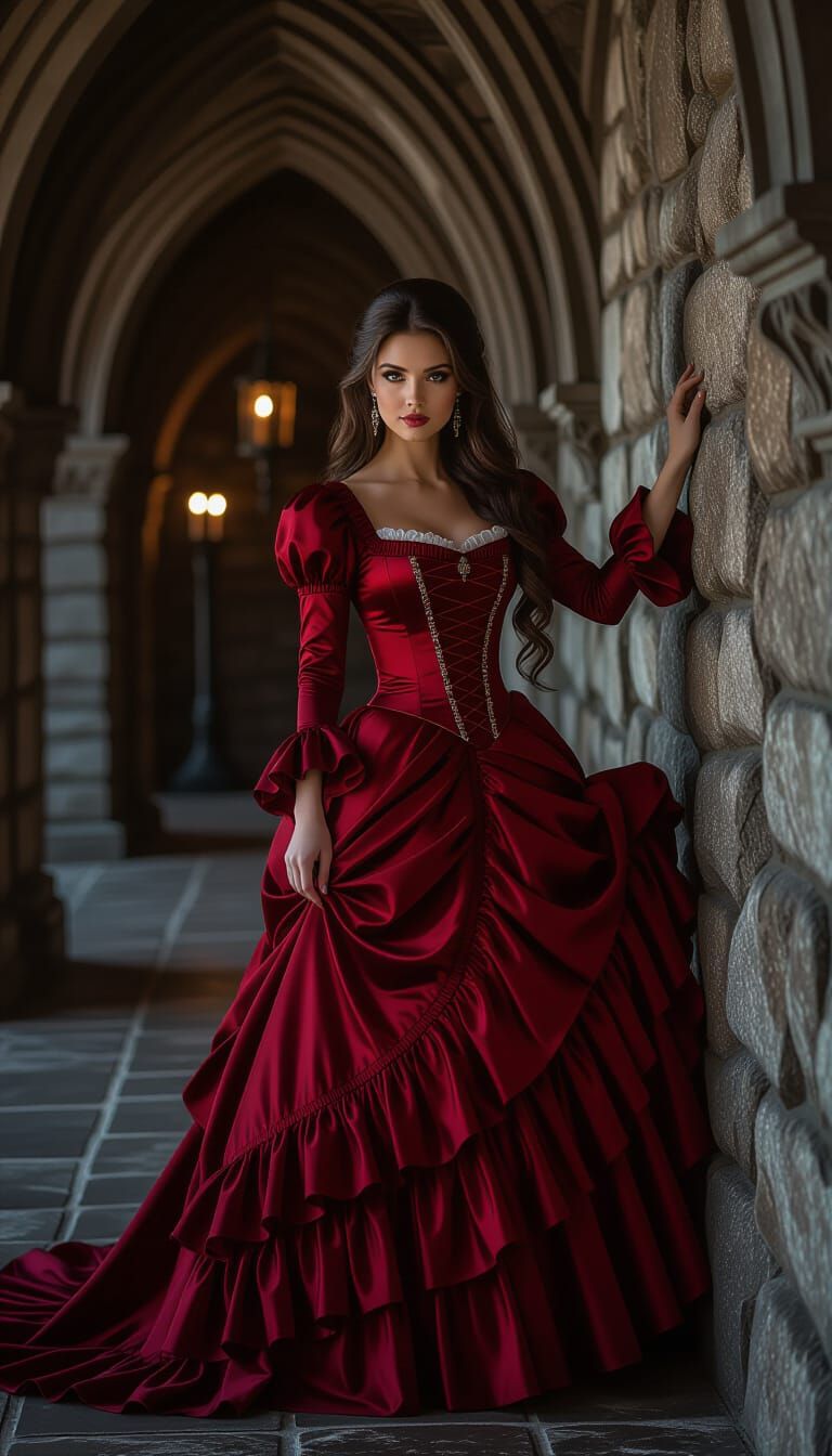 Victorian Woman in Gothic Castle Corridor