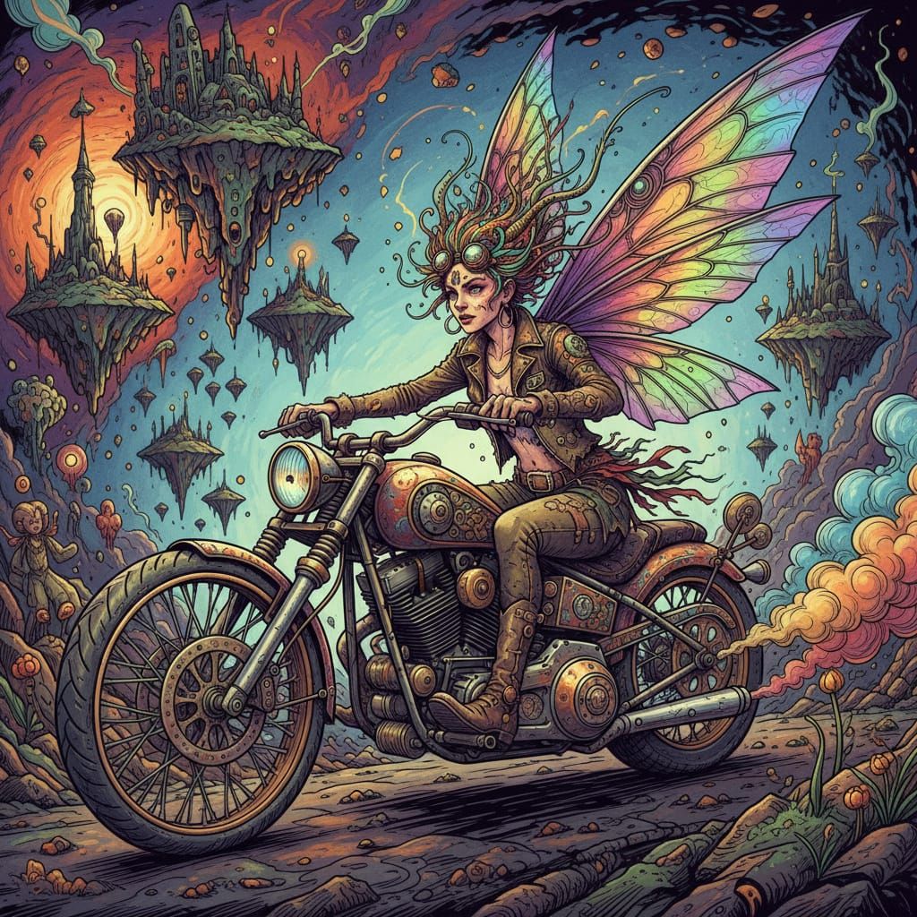 Steampunk Fairy Rides Motorcycle: Etched Line Drawing