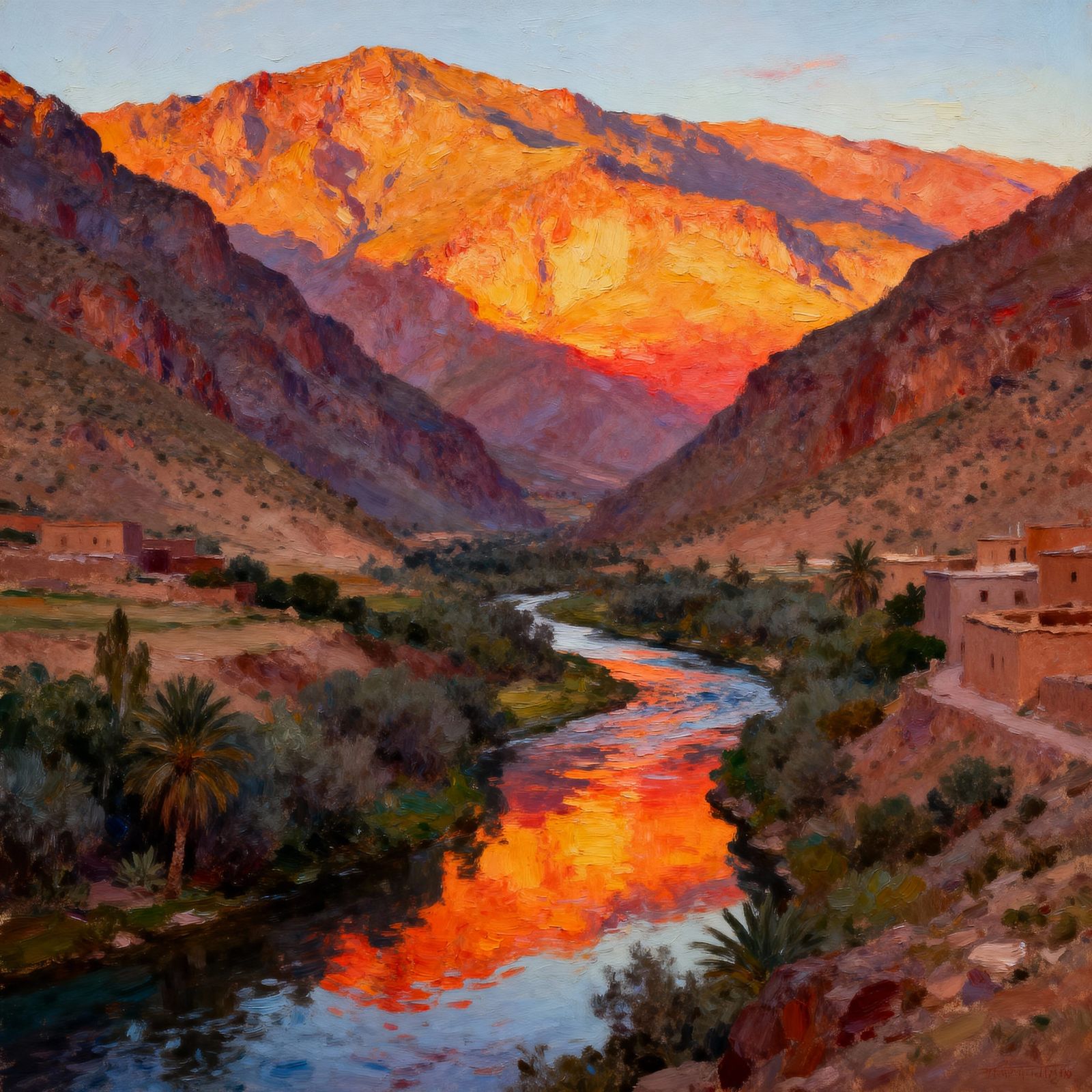 Sunset Over Atlas Mountain Foothills in Oil Painting Style