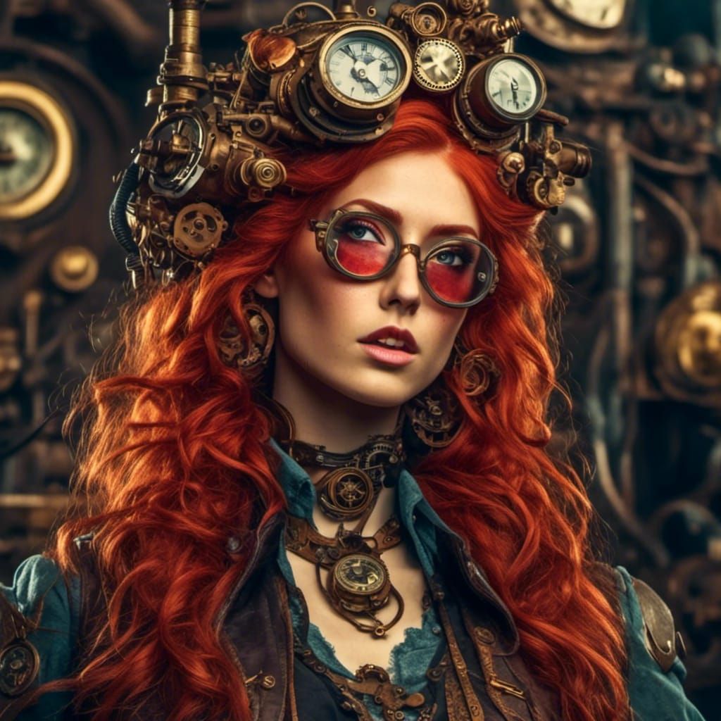 Steampunk Woman with Fiery Red Hair and Goggles