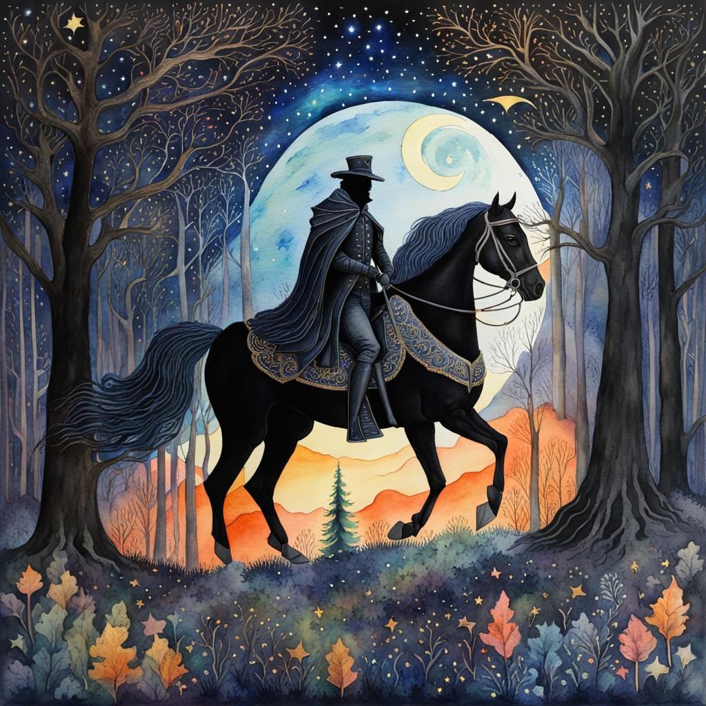 Headless Horseman in Haunted Forest: Watercolor Painting