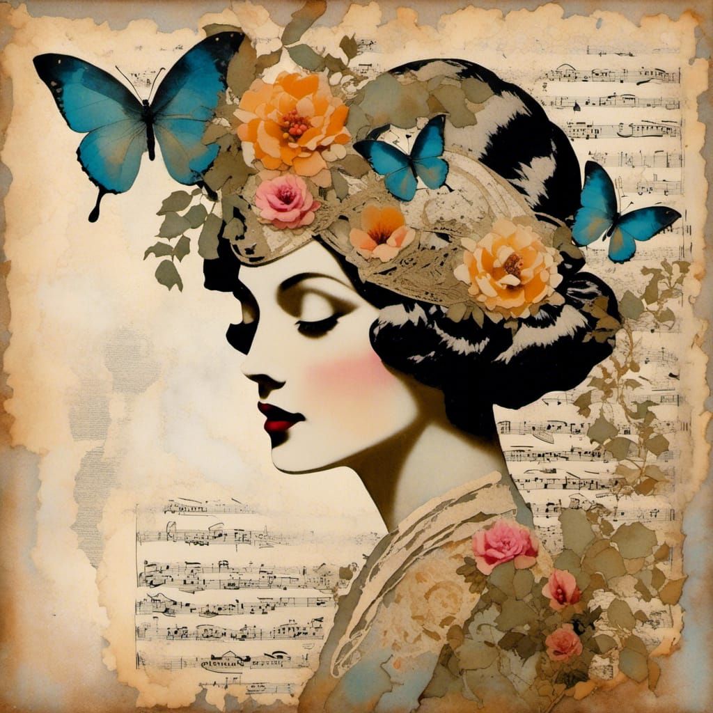 1920s Woman with Floral Collage Art