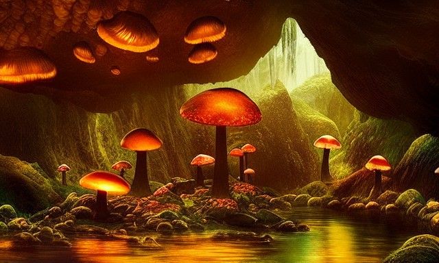 Glowing Mushrooms in a Magical Cave Landscape