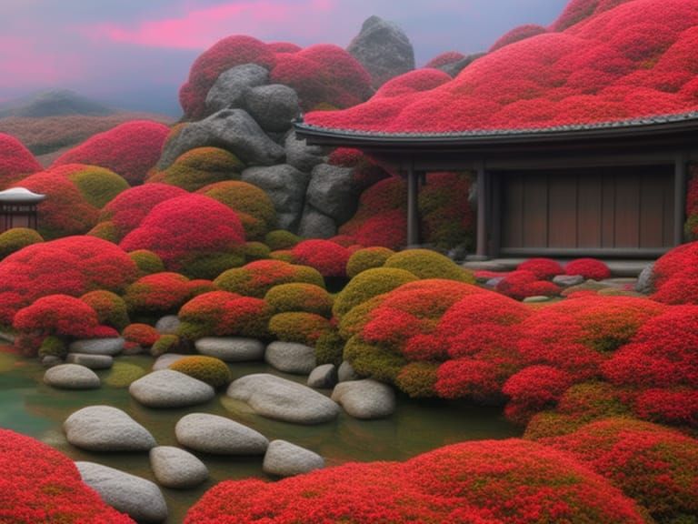 Surreal Japanese Tea House in Vibrant Autumn Garden