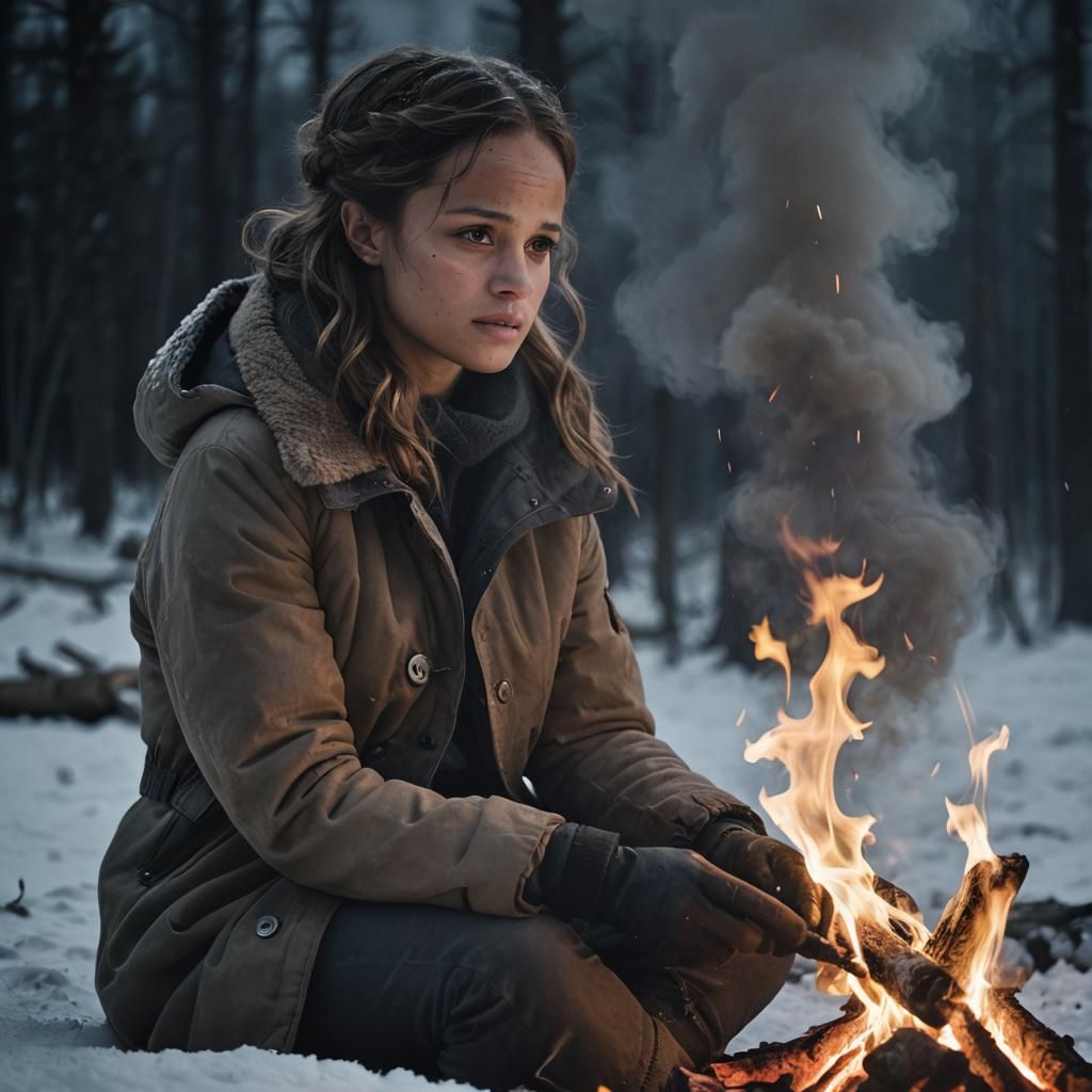 Alicia Vikander Warms Hands by Campfire at Night