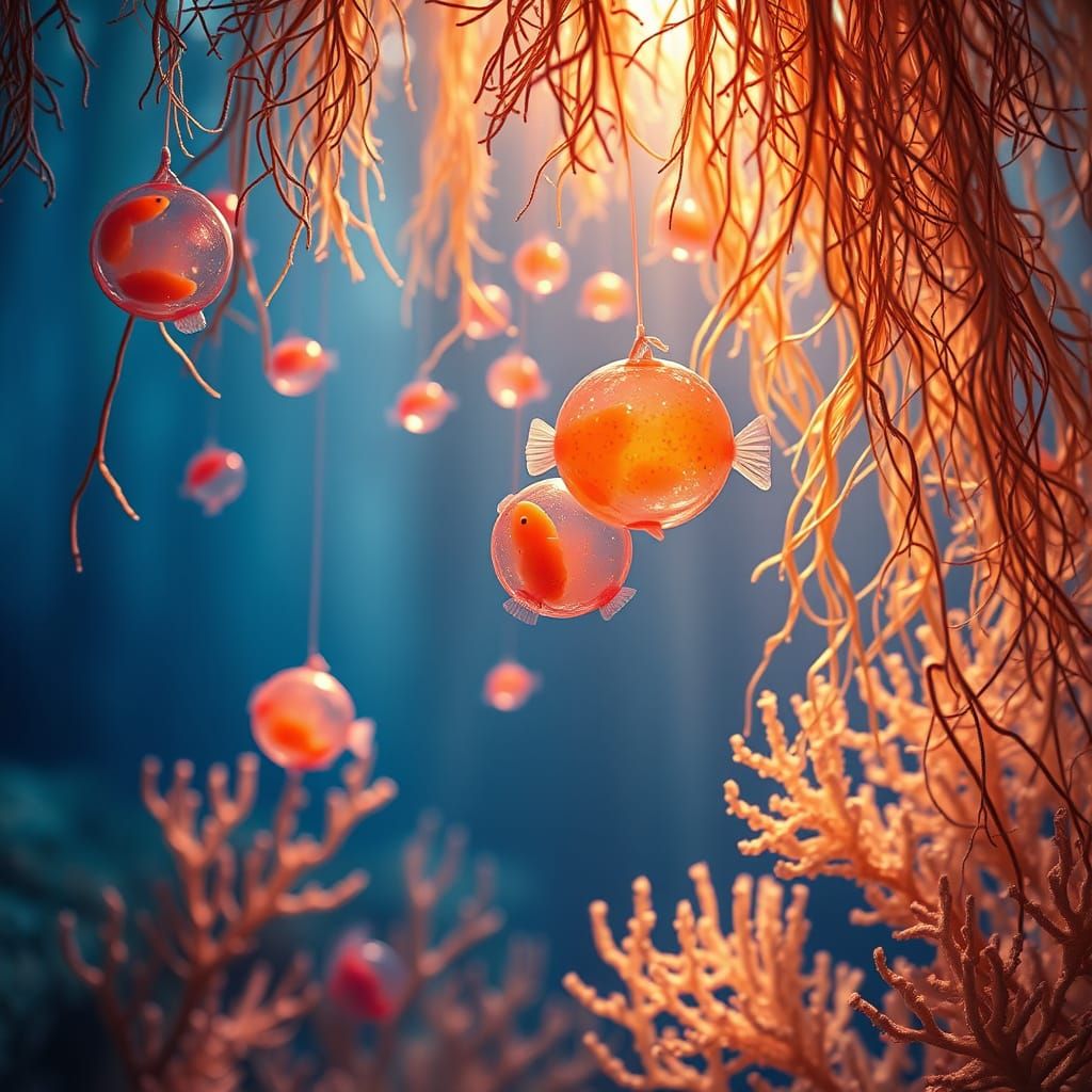 Underwater Reef Scene with Glowing Fish Eggs