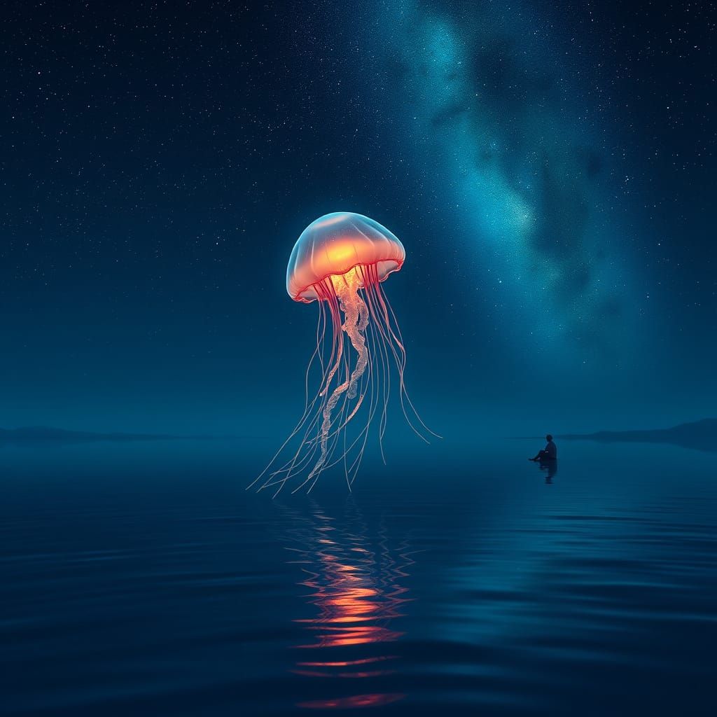 Bioluminescent Jellyfish in Dreamlike Starry Ocean