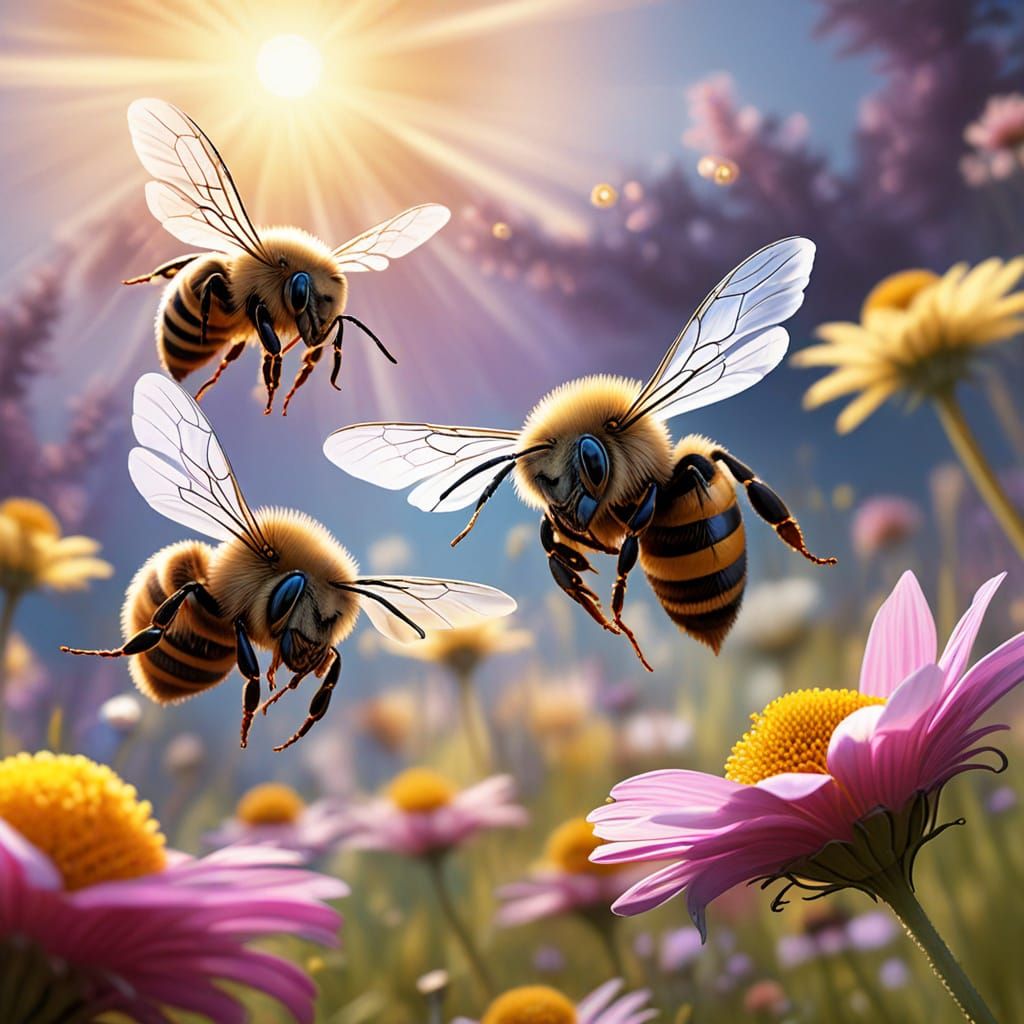 Surreal Bee Dance in a Golden Meadow