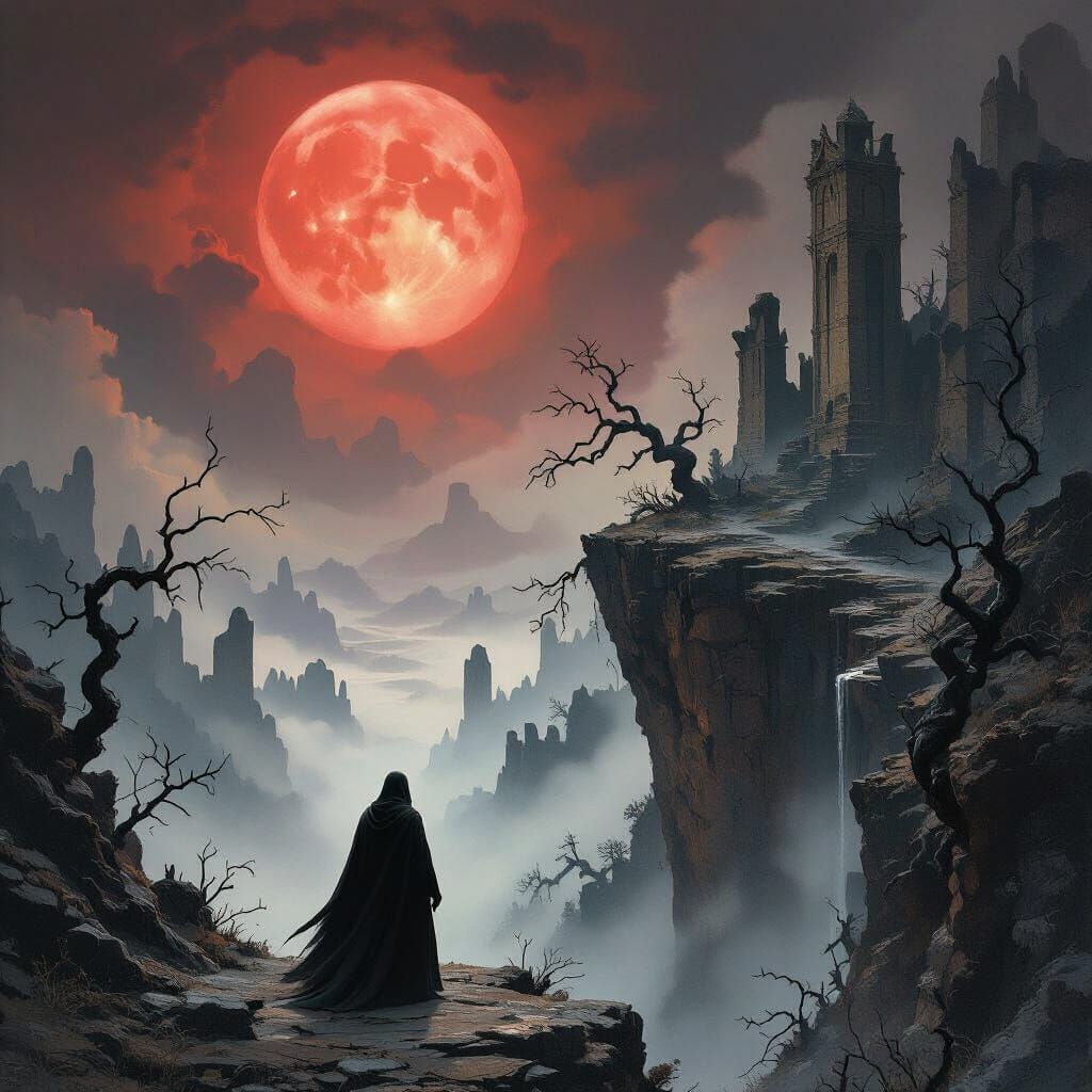 Cloaked Figure Overlooks a Sinister Valley as Dark Fantasy A...