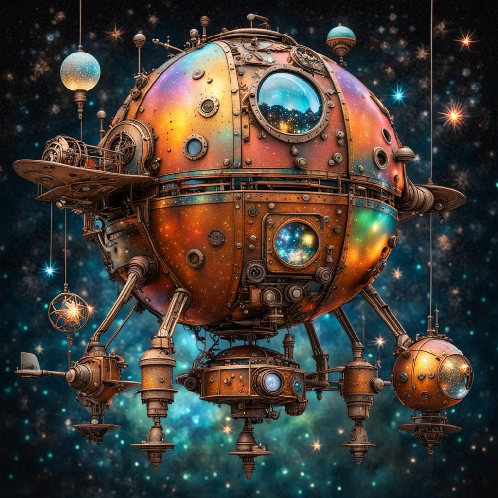 Steampunk Satellite with Hanging Stars in Digital Art Style