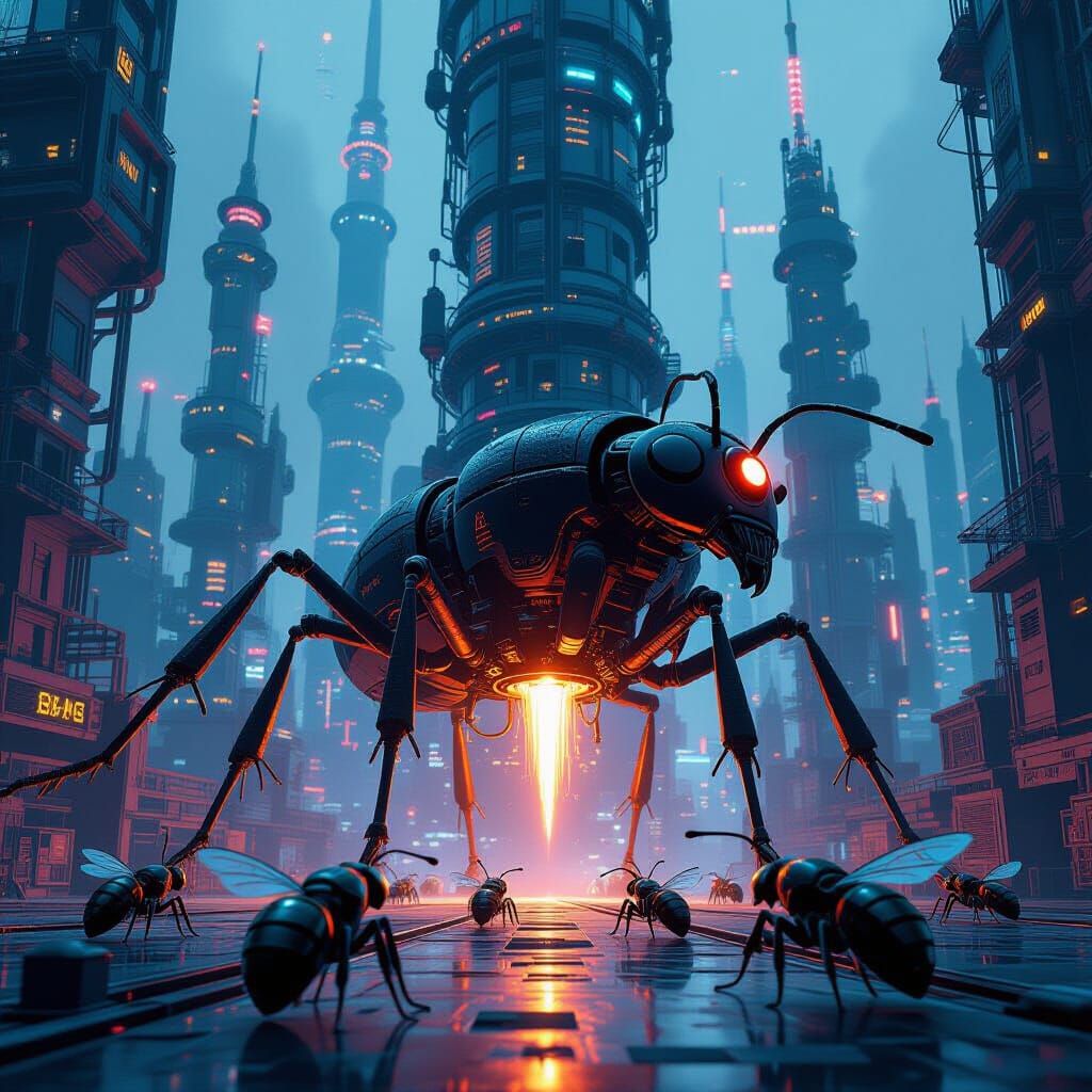 Cybernetic Insects Powering Bio-Plasma Plant in Neon Metropo...