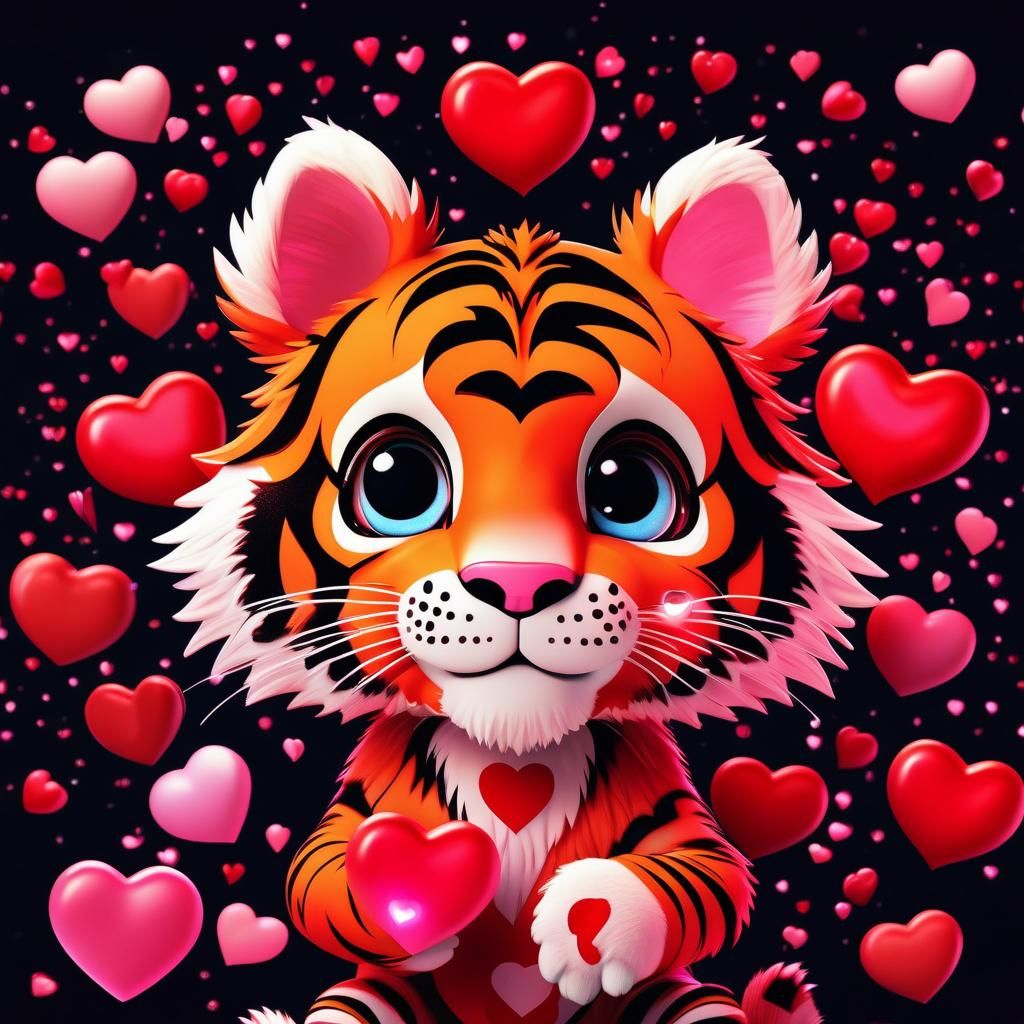 Valentine Tigercub with Floating Hearts