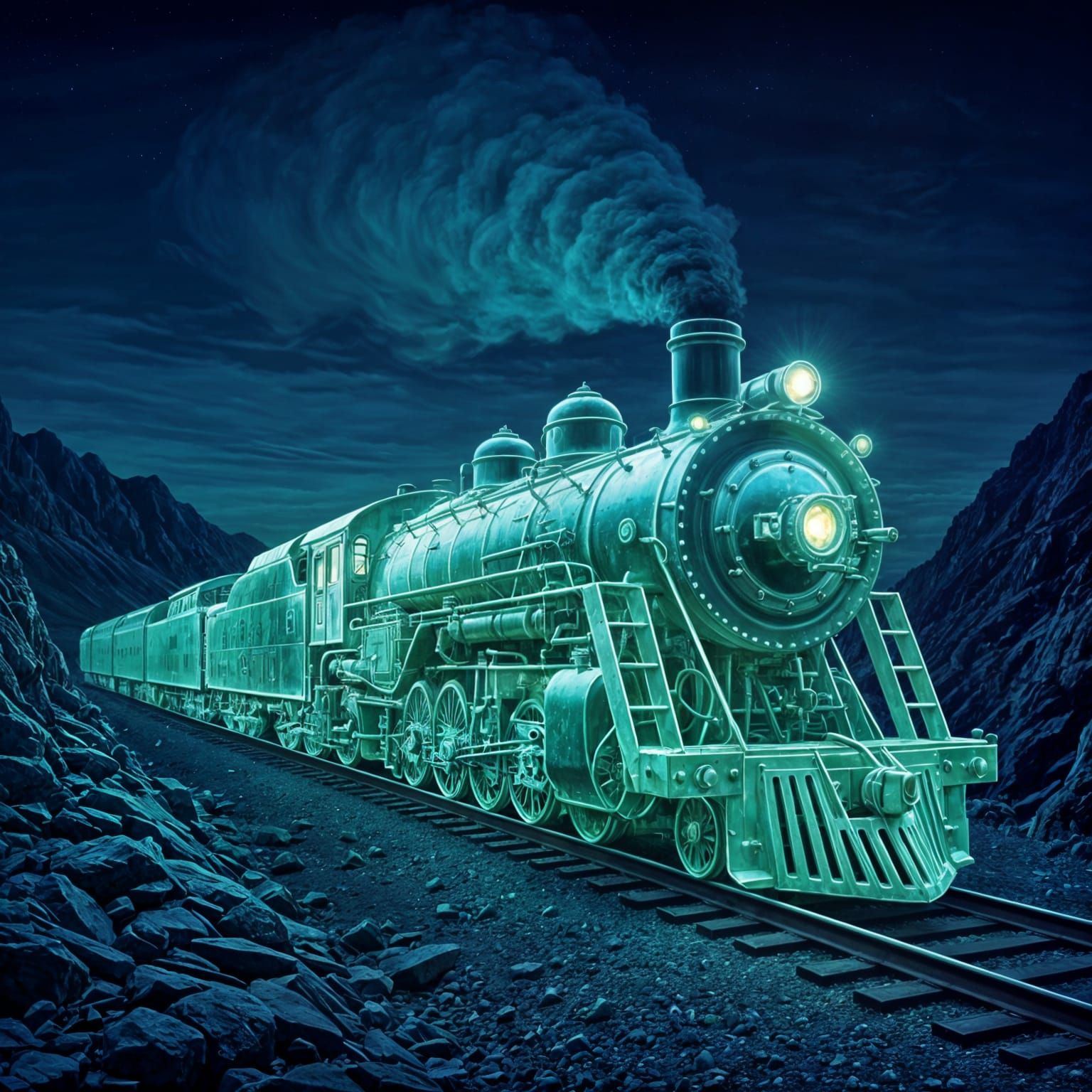 Grimdark Ghost Train Descends a Mountain Track at Midnight