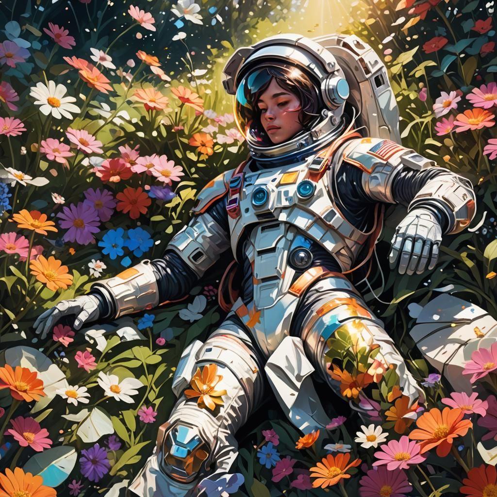Astronaut in Floral Garden: Digital Painting
