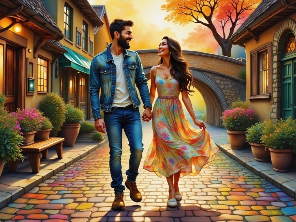 Romantic Cobblestone Street Scene in Whimsical Art Style