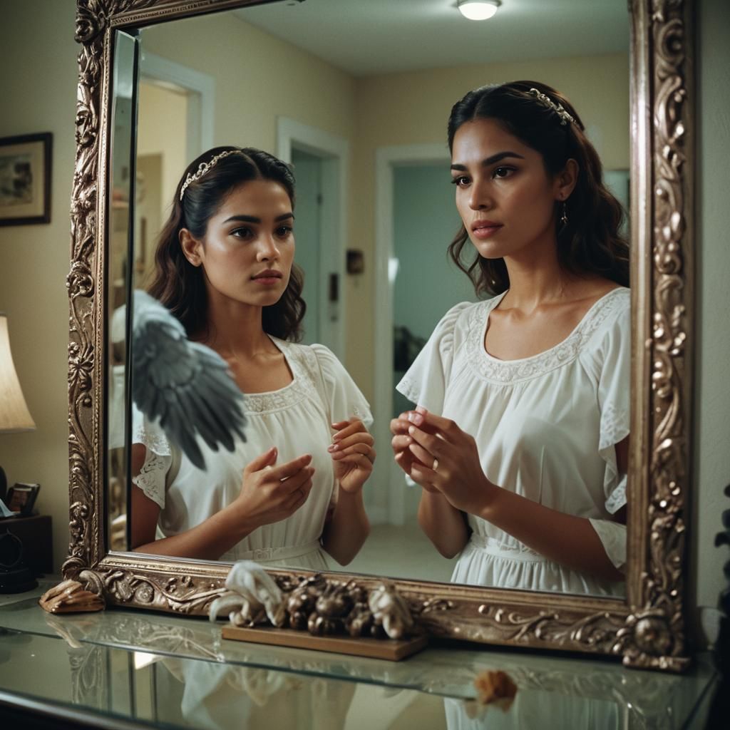 Angelic Reflection: Hispanic Woman in Mirror