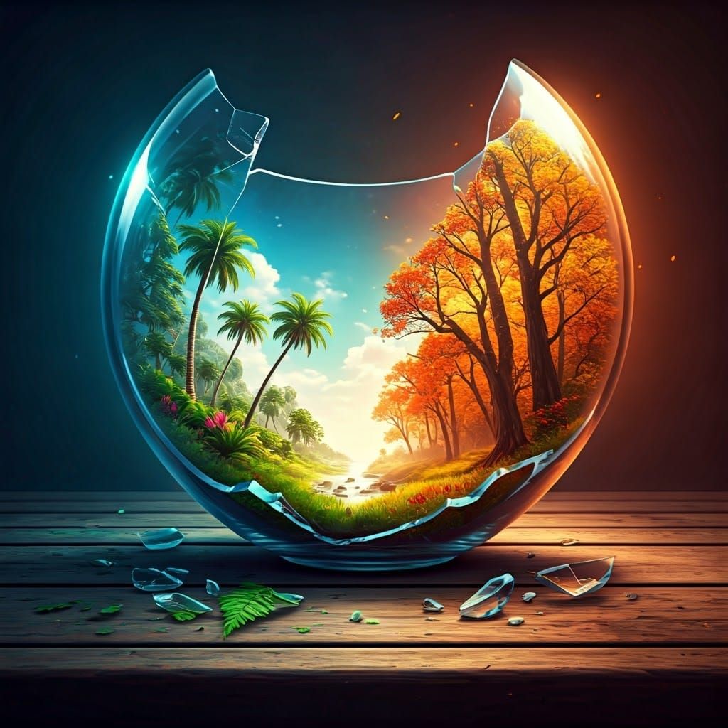 Shattered Vase Reveals Tropical Island and Autumn Grove