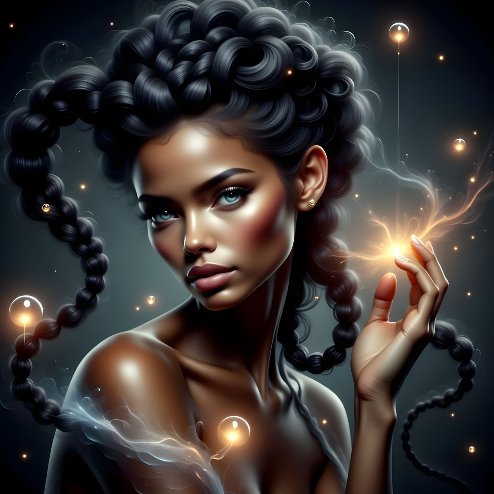 Black braids and blue flashing eyes