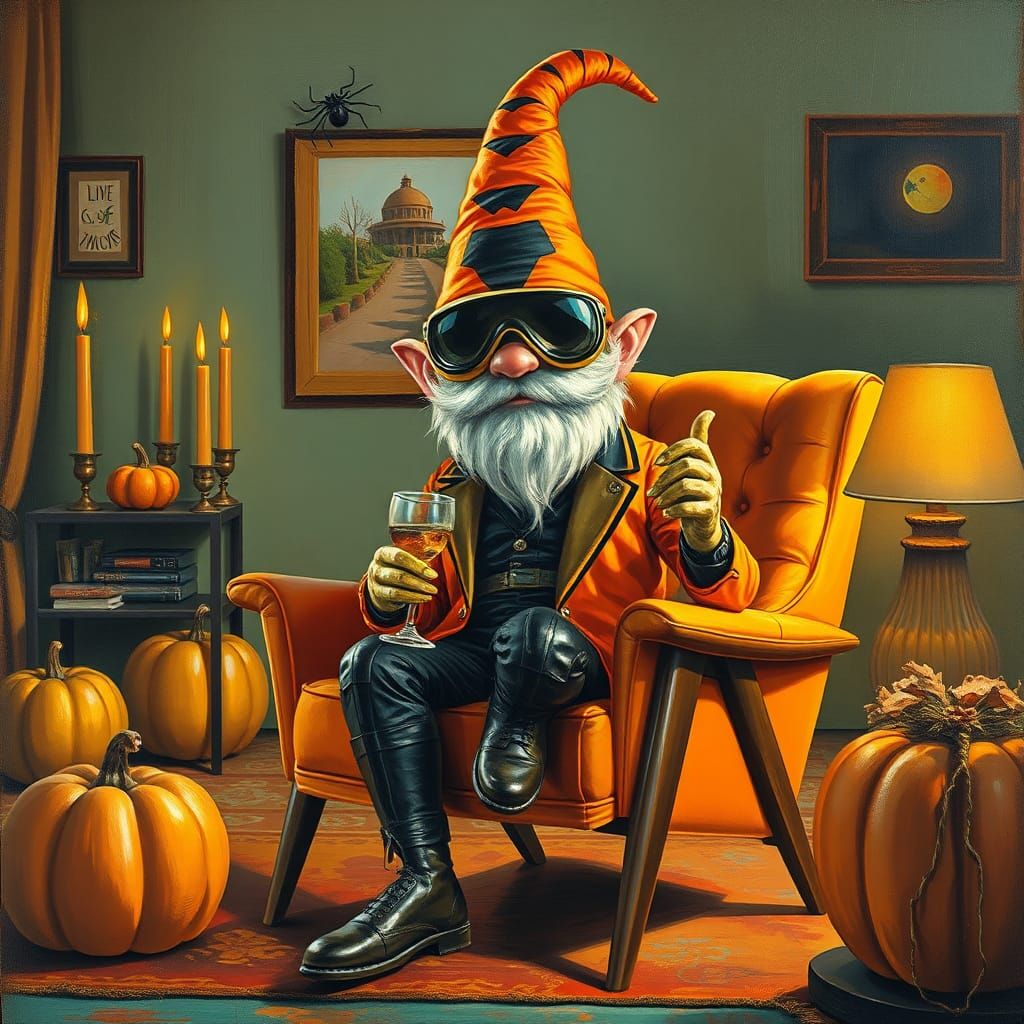 Mid-Century Gnome Celebrates Halloween: A Lowbrow Pop Art