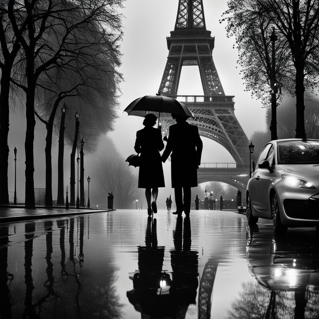 Romantic Couple in Rainy Paris Black and White