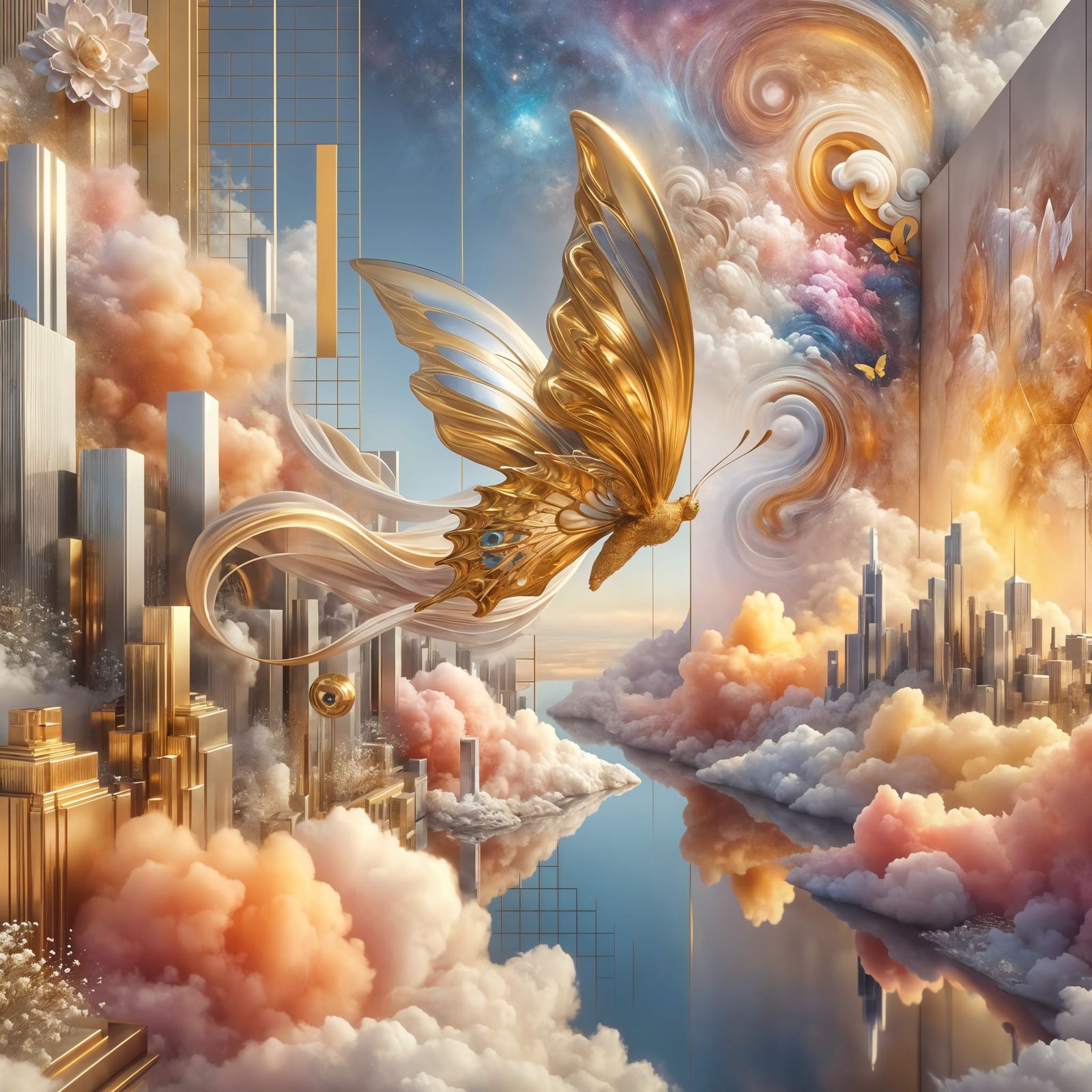 Golden Butterfly Floats Above Dreamy Cityscape
