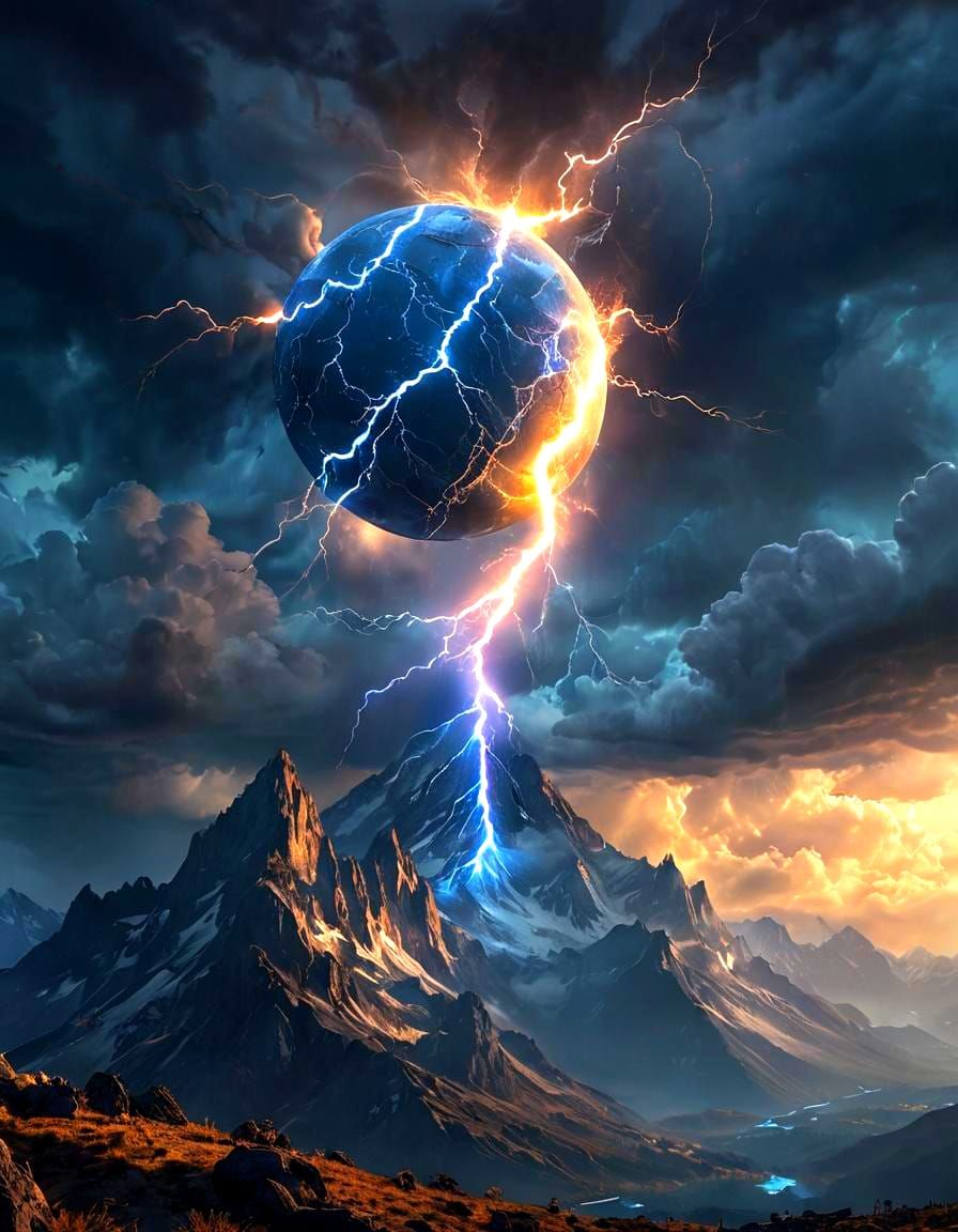 Dramatic Lightning Sphere Over Mountain Landscape