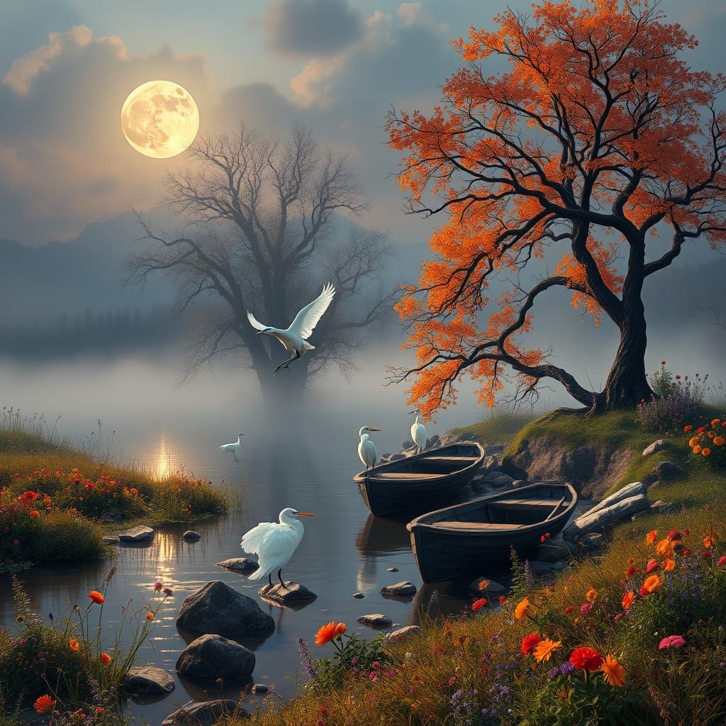 Romanticist Autumn Scene with Ethereal Moonlite