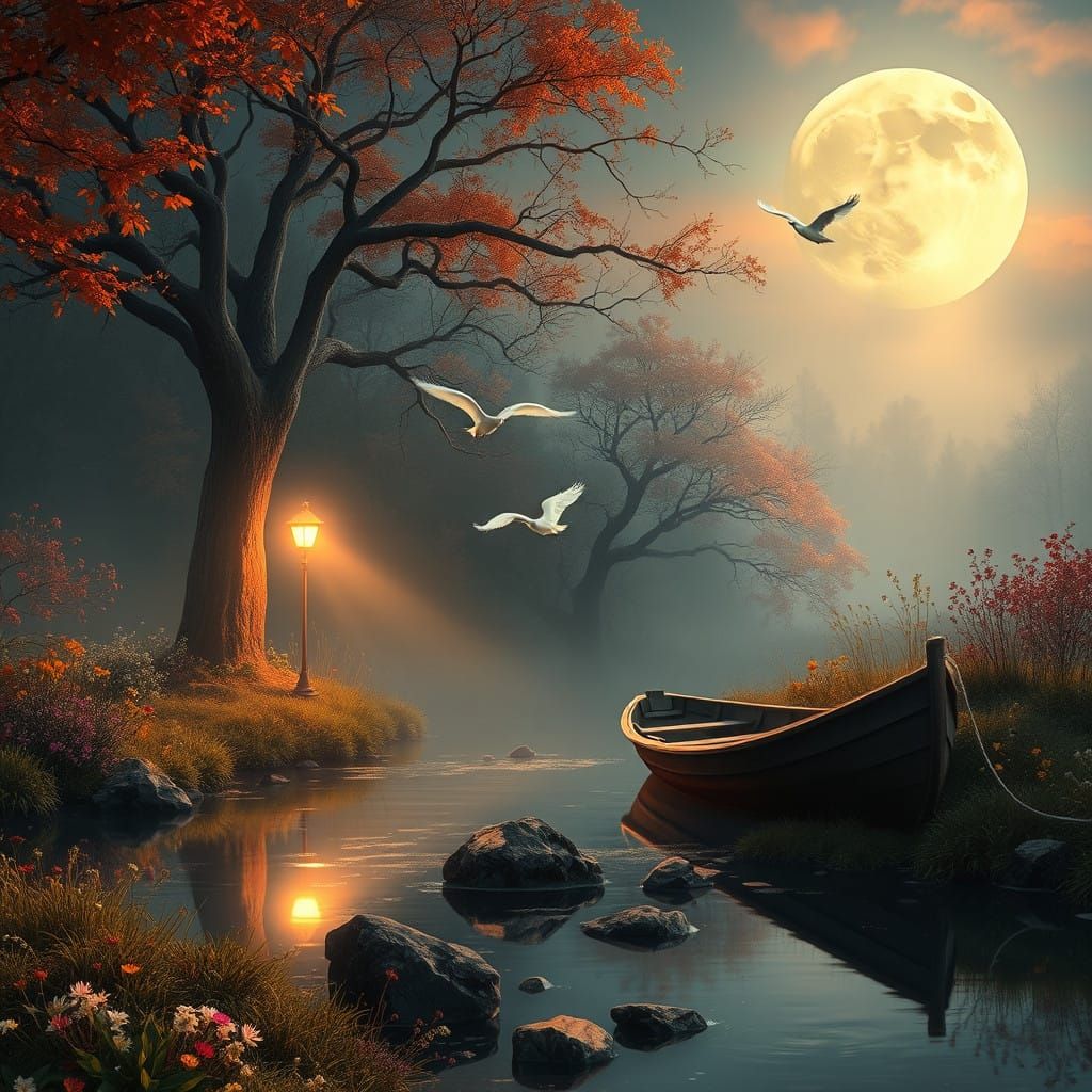 Luminous Moonlit Autumn Dreamscape in Whimsical Style