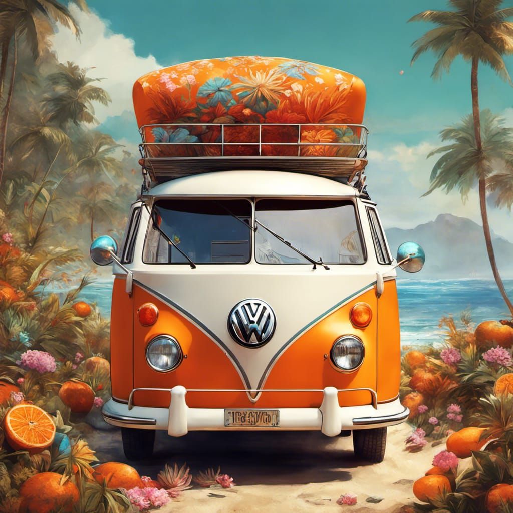 Retro VW Bus on Beach in Hippie Style
