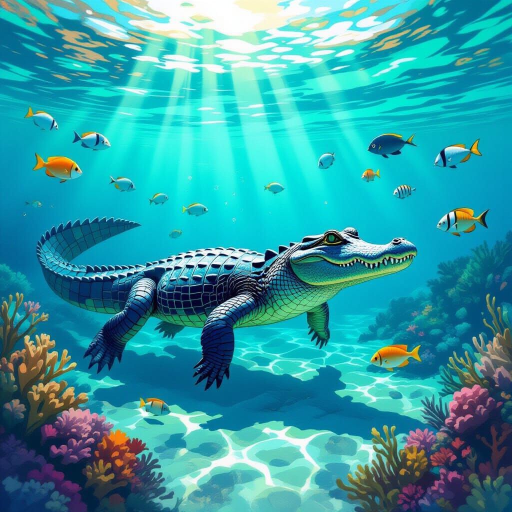 Alligator in Turquoise Water with Tropical Fish