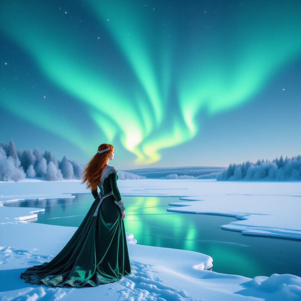 Woman Gazes at Aurora Over Frozen Lake in Art Nouveau Style
