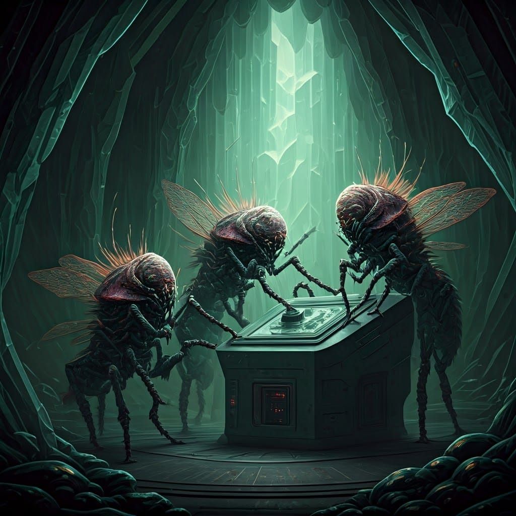 Glowing Console Debate Among Iridescent Aliens