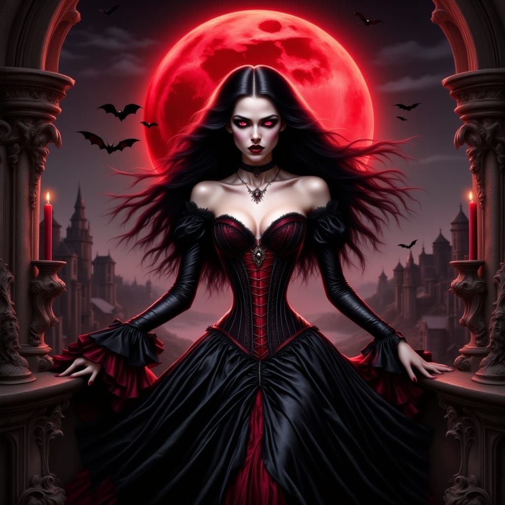 Gothic Vampiress on Castle Balcony in Fantasy Style