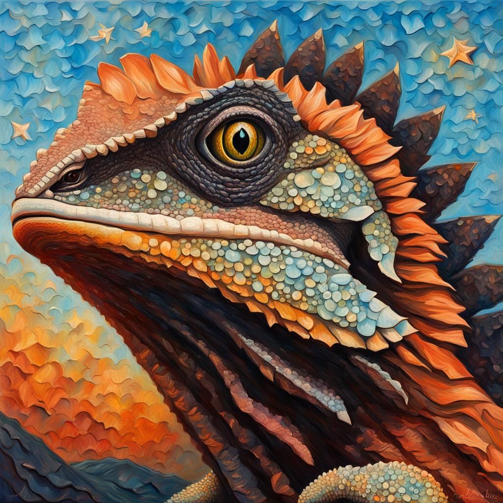 Frilled-Neck Lizard Portrait as Impasto Folk Art