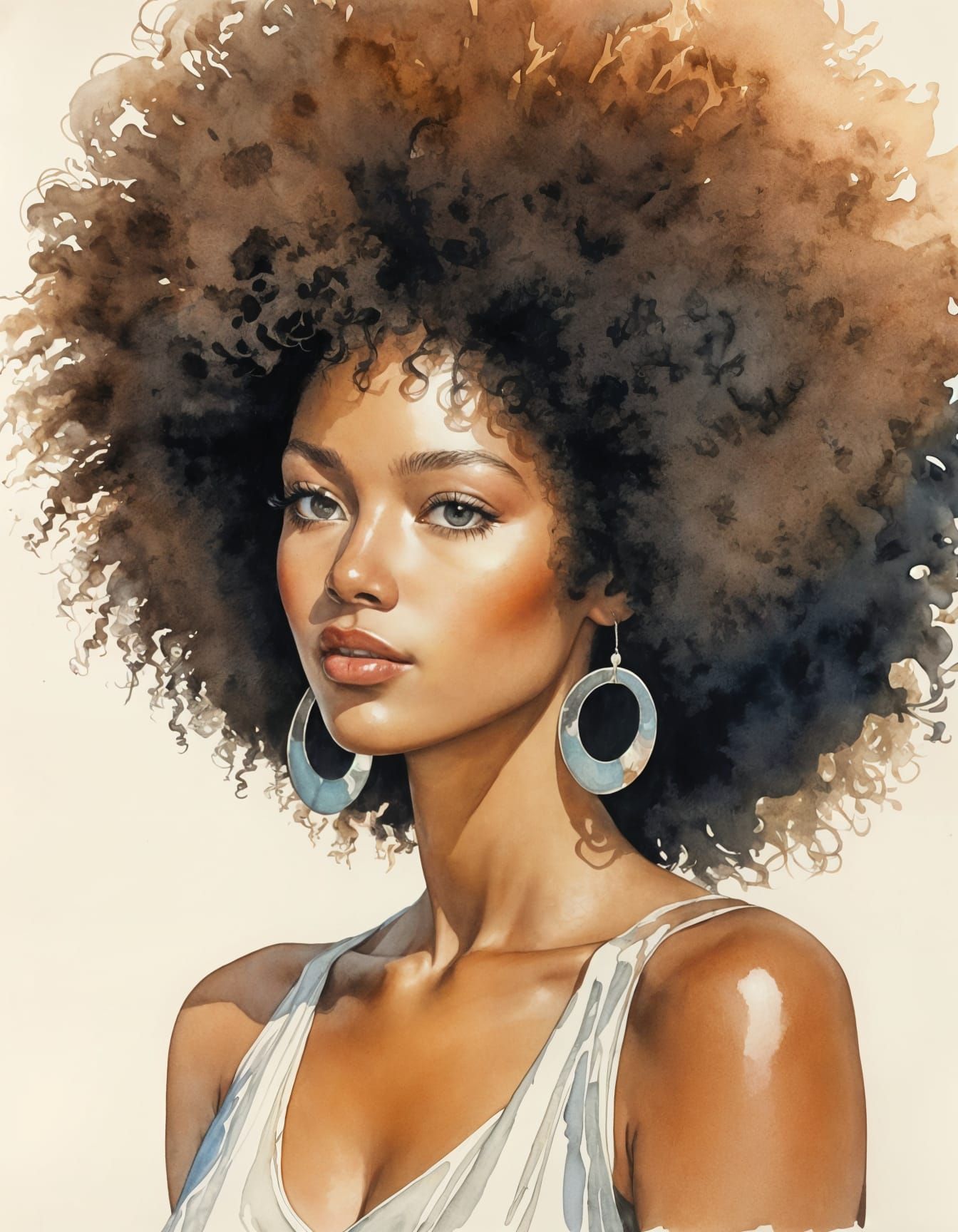 Watercolor Portrait of Woman with Natural Hairstyle