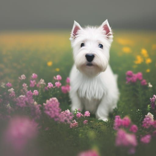 Westie Puppy Portrait in Flower Garden