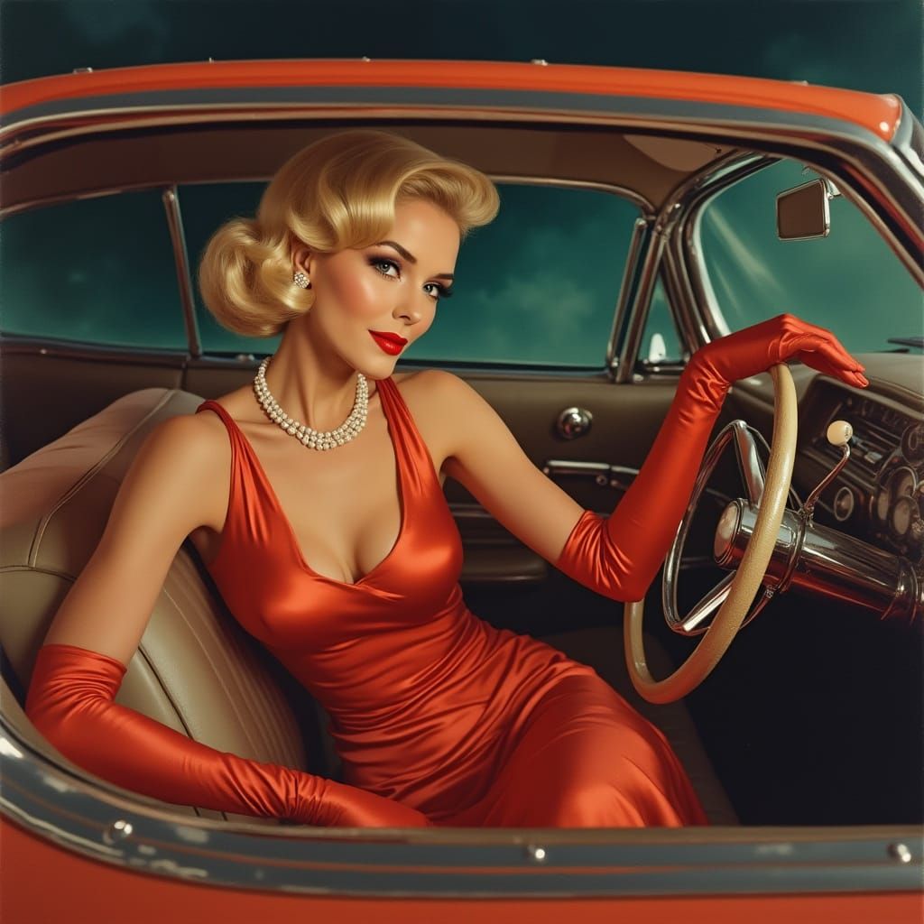 Glamorous 1950s Woman in Cadillac, Art Deco Style