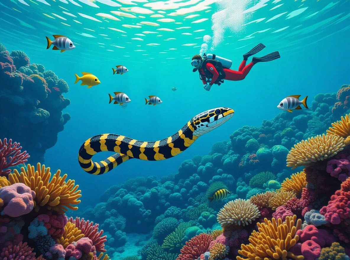Banded Sea Krait over Coral Reef