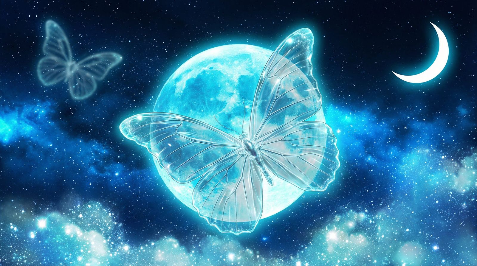 Glass Butterfly Over Luminous Cyan Moon in Cosmic Dreamscape